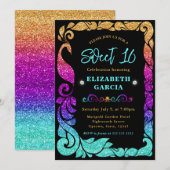 Glam Rainbow Gradient Glitzer Peacock Sweet 16 Einladung (Vorne/Hinten)