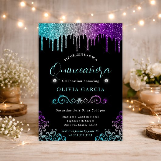 Glam Rainbow Gradient Glitzer Quinceanera Einladung