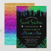 Glam Rainbow Gradient Glitzer Sweet 16 Einladung (Vorne/Hinten)