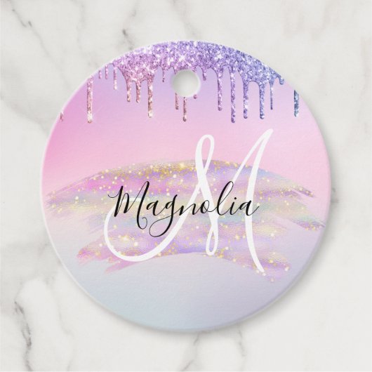 Glam Rainbow Unicorn Ombre Glitzer Pink Monogram Geschenkanhänger (Vorderseite)