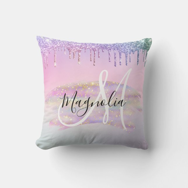 Glam Rainbow Unicorn Ombre Glitzer Pink Monogram Kissen (Vorderseite)