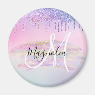 Glam Rainbow Unicorn Ombre Glitzer Pink Monogram Magnet