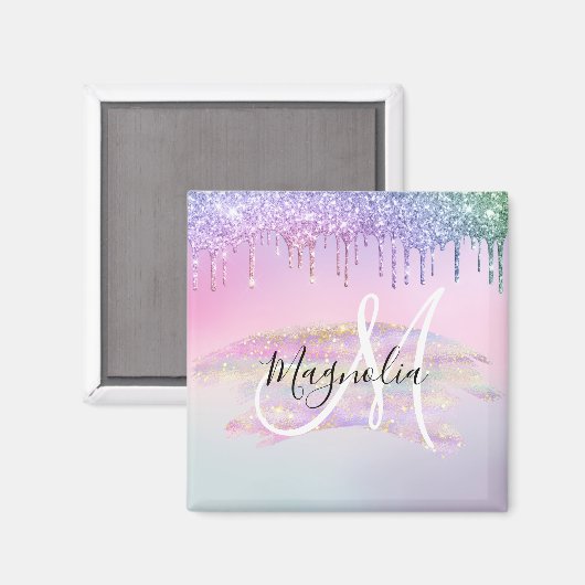 Glam Rainbow Unicorn Ombre Glitzer Pink Monogram Magnet (Vorderseite/Rückseite)