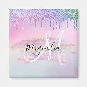 Glam Rainbow Unicorn Ombre Glitzer Pink Monogram Magnet