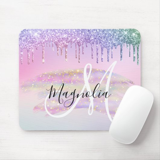 Glam Rainbow Unicorn Ombre Glitzer Pink Monogram Mousepad (Mit Mouse)