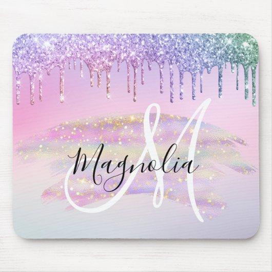 Glam Rainbow Unicorn Ombre Glitzer Pink Monogram Mousepad (Vorne)