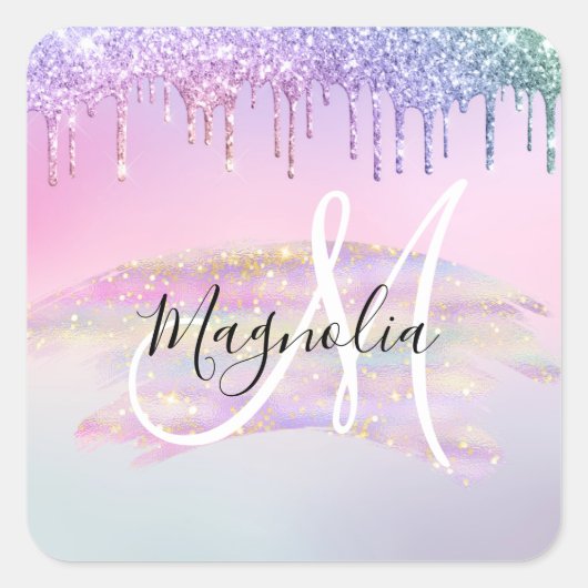 Glam Rainbow Unicorn Ombre Glitzer Pink Monogram Quadratischer Aufkleber (Vorderseite)