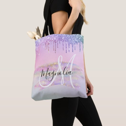 Glam Rainbow Unicorn Ombre Glitzer Pink Monogram Tasche (Von Nahem)