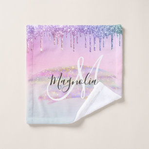 Glam Rainbow Unicorn Ombre Glitzer Pink Monogram Waschlappen