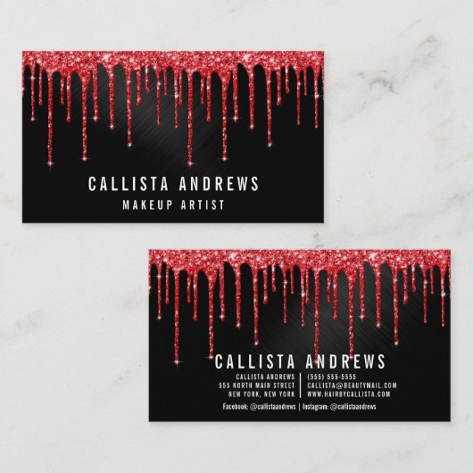 Glam Red Black Metallic Glitzer Tropfen Makeup Visitenkarte (Vorne/Hinten)