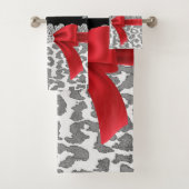Glam Red Bow-Grey Leopard-Silver Floral Glitzern Badhandtuch Set (Insitu)