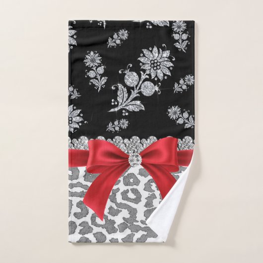 Glam Red Bow-Grey Leopard-Silver Floral Glitzern Badhandtuch Set (Handtuch)