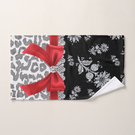 Glam Red Bow-Grey Leopard-Silver Floral Glitzern Badhandtuch Set (Handtuch)