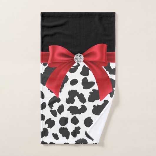 Glam Red Bow-White Leopard Print Black Badhandtuch Set (Handtuch)