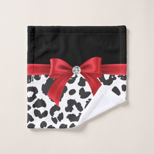 Glam Red Bow-White Leopard Print Black Badhandtuch Set (Waschlappen)