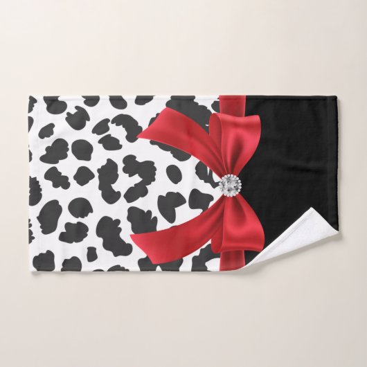 Glam Red Bow-White Leopard Print Black Badhandtuch Set (Handtuch)