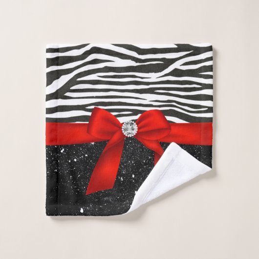 Glam Red Bow-Zebra Print-Black Sparkle Badhandtuch Set (Waschlappen)