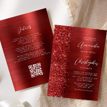 Glam Red Brushed Metal QR Code Wedding