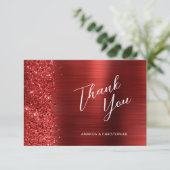 Glam Red Brushed Metal Wedding Flat Thank You Karte (Stehend Vorderseite)