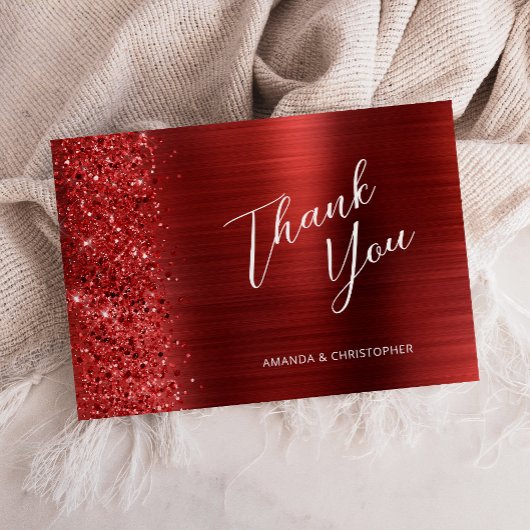 Glam Red Brushed Metal Wedding Flat Thank You Karte