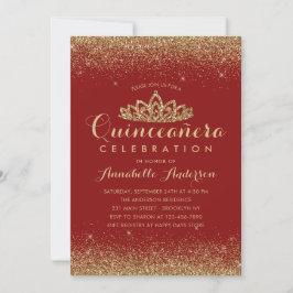 Glam Red Burgundy Quinceañera Gold Tiara Glitzer Einladung