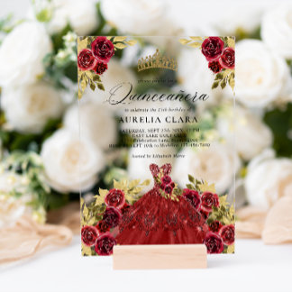 Glam Red Dress Floral Watercolor 15. Quinceañera Acryleinladungen