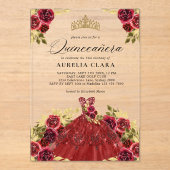 Glam Red Dress Floral Watercolor 15. Quinceañera Acryleinladungen (Vorderseite)