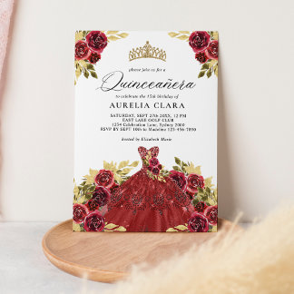 Glam Red Dress Floral Watercolor 15. Quinceañera Einladung