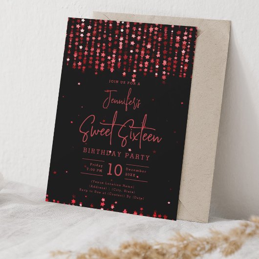 Glam Red Falling Stars Sweet 16 Birthday Party Einladung