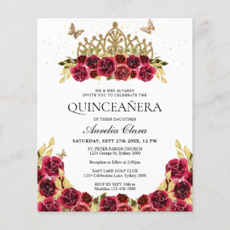 Glam Red Floral Gold Tiara Quinceanera