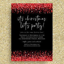 Glam Red Glitter Christmas Lets Party Black