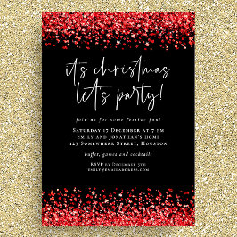 Glam Red Glitter Christmas Lets Party Black Einladung