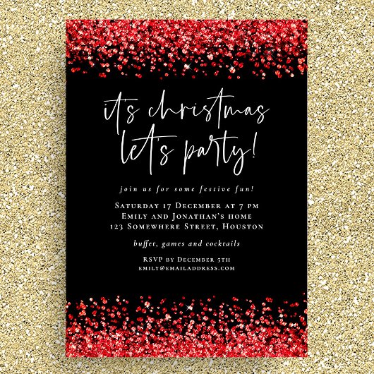 Glam Red Glitter Christmas Lets Party Black Einladung