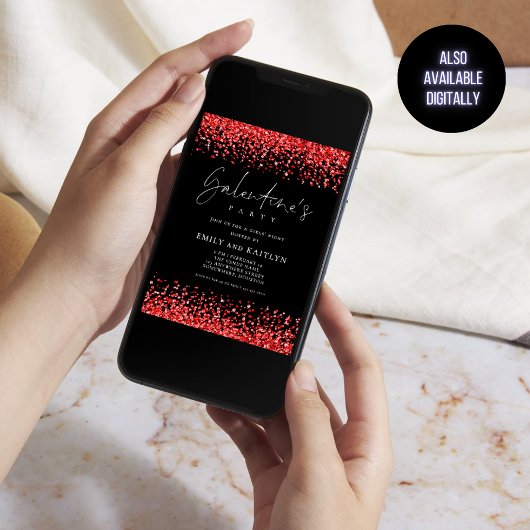Glam Red Glitzer Borders Black Galentines Party Einladung