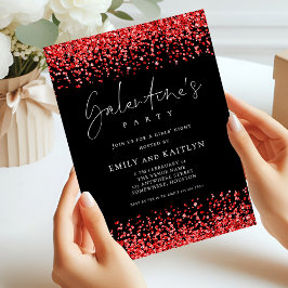 Glam Red Glitzer Borders Black Galentines Party Einladung