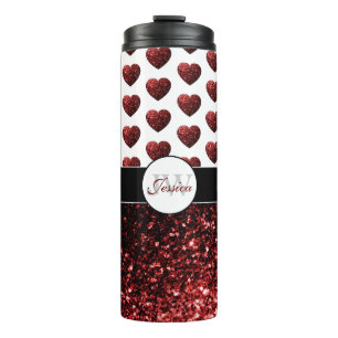 Glam Red Glitzer Glitzern Herzmuster Monogramm Thermosbecher