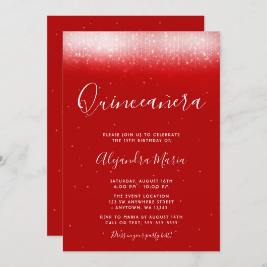 Glam Red Quinceañera Einladung (Vorne/Hinten)
