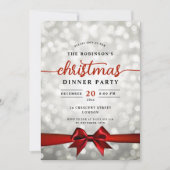 Glam Red Ribbon Silver Lights Weihnachts-Party Einladung (Vorderseite)