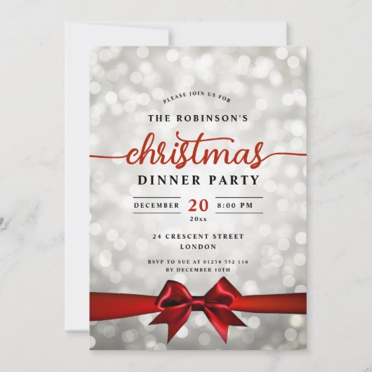 Glam Red Ribbon Silver Lights Weihnachts-Party Einladung (Vorderseite)