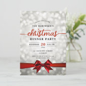 Glam Red Ribbon Silver Lights Weihnachts-Party Einladung (Stehend Vorderseite)