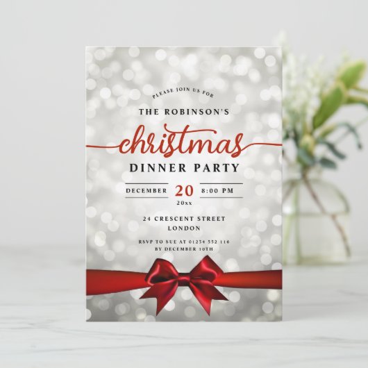 Glam Red Ribbon Silver Lights Weihnachts-Party Einladung (Stehend Vorderseite)