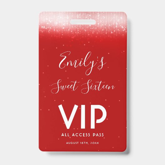 Glam Red Sweet 16 Einladung VIP Pass Abzeichen Ausweis (Vorderseite)