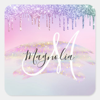 Glam Regenbogen Einhorn Ombre Glitter Rosa Monogra Quadratischer Aufkleber