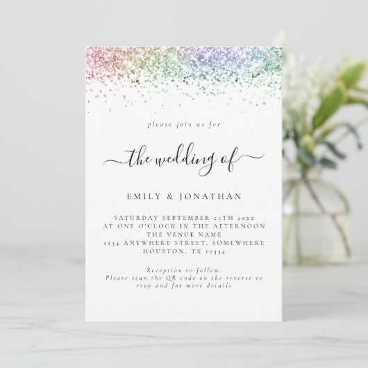 Glam Regenbogen Glitter QR-Code Hochzeit Einladung (Stehend Vorderseite)