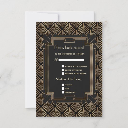 Glam Roaring 20's Gold Black Great Gatsby Wedding RSVP Karte (Vorderseite)