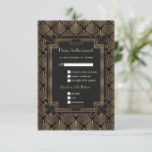 Glam Roaring 20's Gold Black Great Gatsby Wedding RSVP Karte (Stehend Vorderseite)