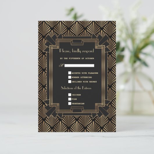 Glam Roaring 20's Gold Black Great Gatsby Wedding RSVP Karte (Stehend Vorderseite)