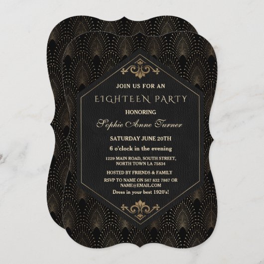 Glam Roaring 20s Great Gatsby Art Deco Achtzehn Einladung (Vorne/Hinten)