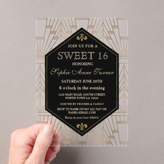 Glam Roaring 20s Great Gatsby Art Deco Sweet 16 Acryleinladungen (Insitu (Handheld))