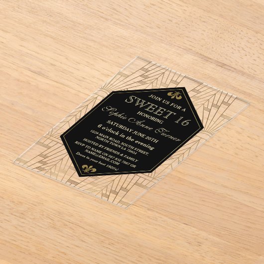 Glam Roaring 20s Great Gatsby Art Deco Sweet 16 Acryleinladungen (Ablage )